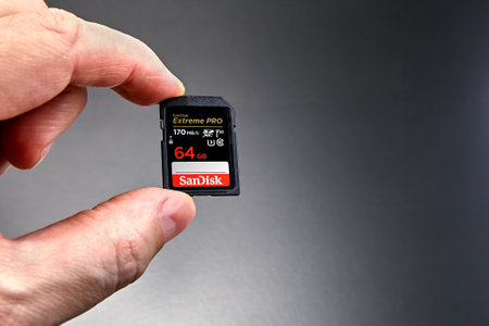 St. Petersburg, Russia - January 9, 2021: SanDisk extreme PRO 64GB SDXC memory card 4K V30 C10 UHS-I U3 170MB / s for Camera.のeditorial素材