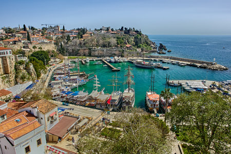 Turquoise water in boat bay or marina in Antalya.のeditorial素材