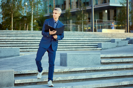 Office worker in blue suit stands outdoors with an open folder of documents.