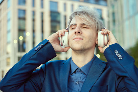 Man with wireless headphones is standing near business center.