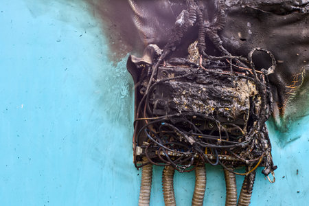 Electrical fire after short circuit in consumer unit, burnt wiring and circuit breakers in...