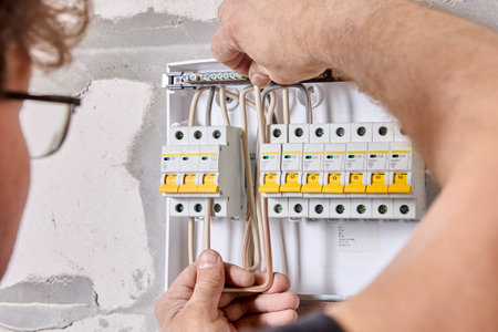 Connecting home wiring to fuse box in consumer unit of switchboard.