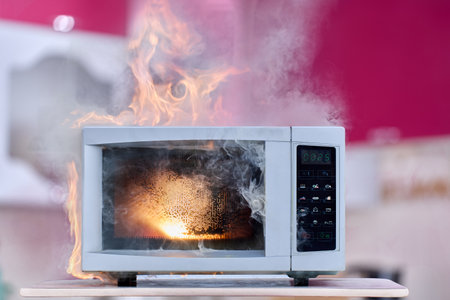 Household electrical fire in microwave oven, ignition of electrical appliance.の写真素材