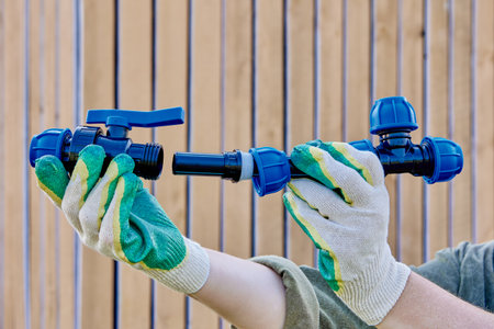 Assembly of an external water supply system using triple and valve fittings with compression threaded clamp connected by section of HDPE pipe, against background of wooden wall.の写真素材