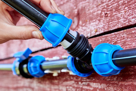 Compression fitting tee for plumbing pipe is used when installing external irrigation water supply.