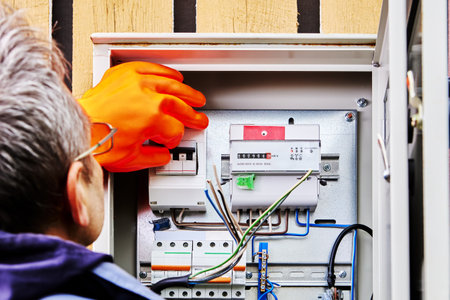 An electrician wearing protective dielectric gloves turns off power supply to circuit breaker in an external electrical panel.の写真素材