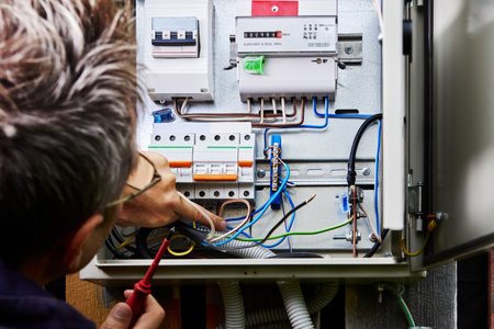 External distribution board on wood wall of rural house, installer connects power cable to load.の写真素材