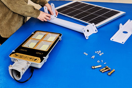 Assembly table for assembling LED street lighting with solar panel, owner prepares mounting bracket.