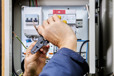 Electrical installation work on connecting power cable to an outdoor electrical cabinet, installer...
