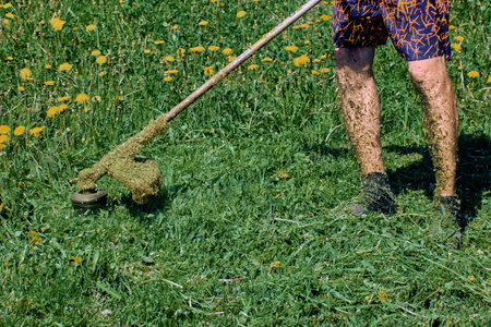 As result of work of gas powered string trimmer, unprotected skin on gardener feet is covered with crushed grass.の写真素材