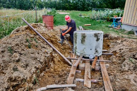 Homeowner uses roller deck to lower one concrete ring on top of another and uses steel crowbar to level it, using it as lever while installing septic tank.の写真素材