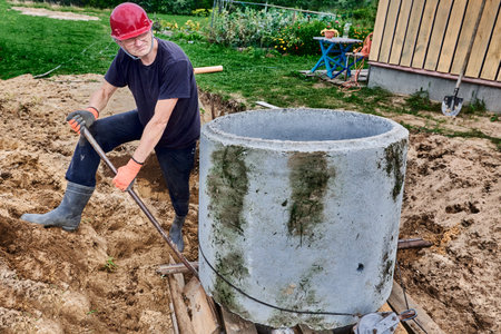 When building septic tank in rural area, worker moves concrete ring using crowbar as lever.