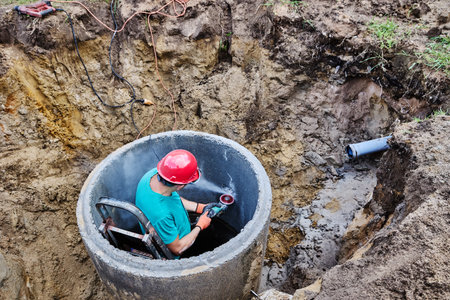 Homeowner uses diamond circular saw to create hole for sewer pipe while installing septic tank.の写真素材