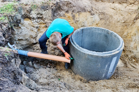 Installing an inlet pipe in septic system made of concrete rings, plumber marks location for hole.の写真素材