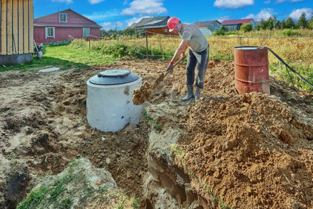 Builder fills an absorbent trench in wastewater plumbing with sand by hand, using bayonet shovel.の写真素材