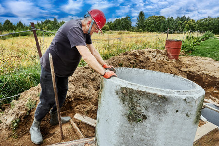 While moving concrete ring with crowbar, the builder became very tired.