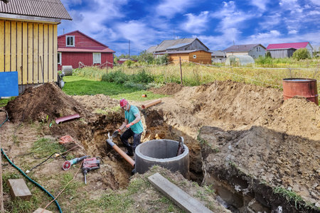 Builder determines location for connecting outlet sewer pipe to concrete ring of septic tank.の写真素材