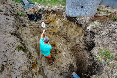 Construction of an autonomous sewerage system, excavation of pit.の写真素材