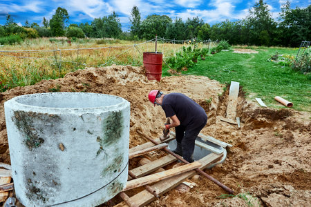 Install concrete rings of autonomous sewerage system using roller deck.の写真素材