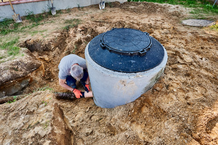 Engineer connects flexible perforated pipe placed in an absorbent trench to septic tank outlet pipe.の写真素材