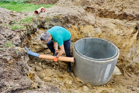 Installation of inlet pipe to concrete ring. Septic tank is autonomous sewage system, construction for removal of polluted water.の写真素材