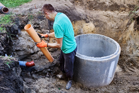 Connecting sewer pipe to an autonomous sewer system with septic tank made of concrete rings, worker takes measurements.の写真素材