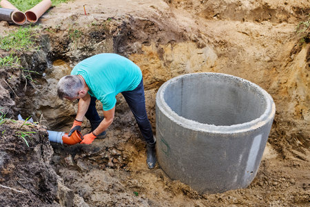 Wastewater plumbing work, plumber connects inlet sewer pipe to septic system.の写真素材