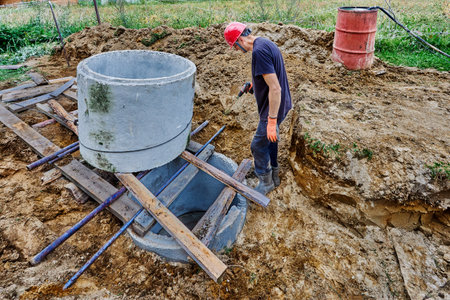 Installation of septic tank made of concrete rings for suburban sewerage system, worker pushes rings one over other.の写真素材