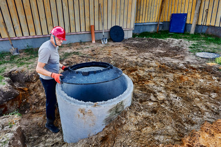 Worker installs support ring for septic tank lid onto concrete well.