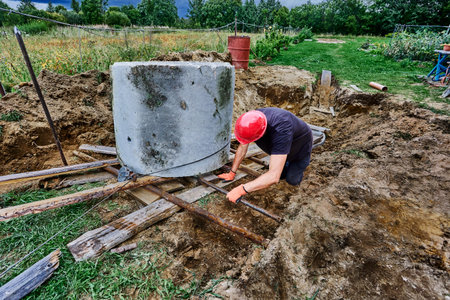Worker moves heavy concrete ring using roller deck made of steel pipes.