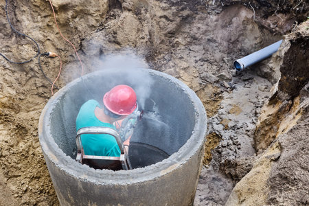 Diamond cutting wheel attached on angle grinder sawing concrete ring of septic tank.
