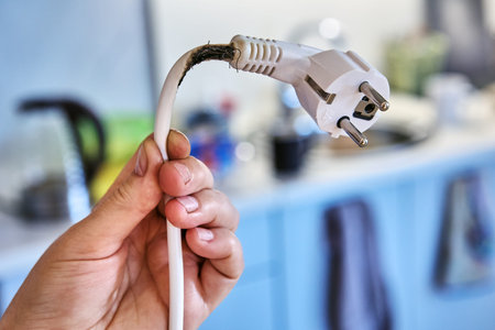 Extension cord melted and charged due to overload and could cause fire.の写真素材