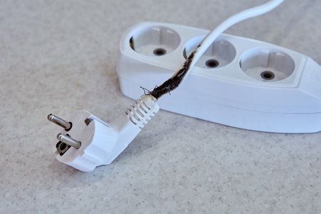 Burnt cord and plug on an extension cord with tee that has been overloaded.の写真素材