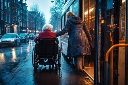 Elderly woman wheelchair user, is assisted off bus, woman passenger showed sympathy.の素材