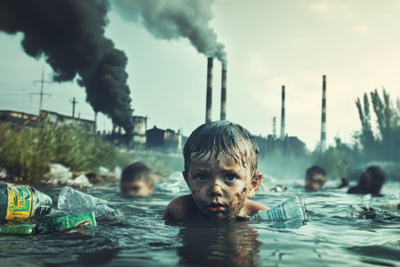 Cautious little white boy with dirty face is swimming in cooling pond near power plant, surrounded by floating debris.の素材