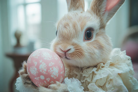Easter rabbit, hare or bunny in lace dress holds painted egg in its paws.の素材