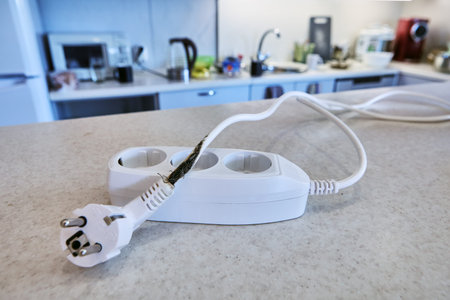 Overload burned out wires and insulation of extension cord with tee.