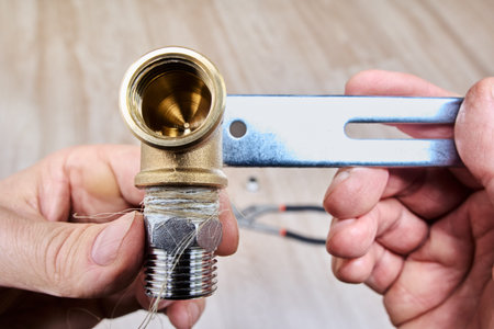 Applying plumbing flax ensures leak proof connection while installing male threaded reducer into...