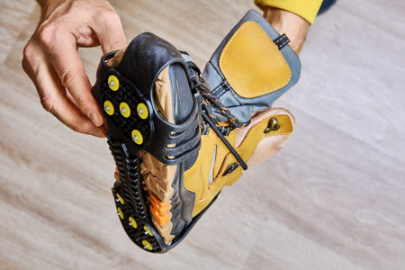 Snow spikes securely attached to hiking boot provide reliable grip on icy and snowy terrain.