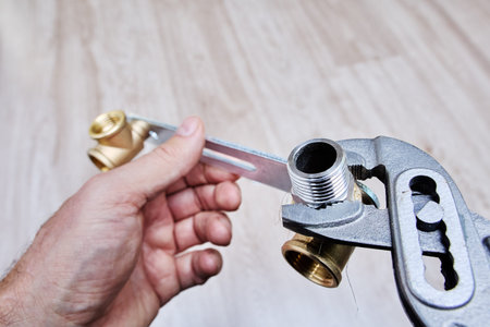 Groove joint pliers firmly grip hex nipple adapter, assisting in installation of plumbing assembly...