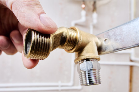 Brass elbow fitting with an internal threaded connection is being installed along with an eccentric...