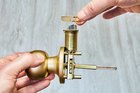 Close up view of brass door knob mechanism where spindle connects to latch assembly.の写真素材