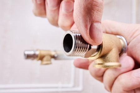 Nipple reducer barrel is prepared for installation, connecting to brass elbow fitting as part of...