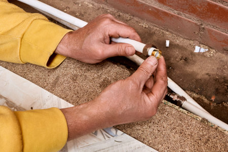 Plumber slides compression ring onto end of multilayer pipe during preparation for joining pipe...