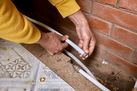 Installation process shows preparing composite tubing with compression coupling near tiled floor to join pipe sections for water distribution network.の写真素材