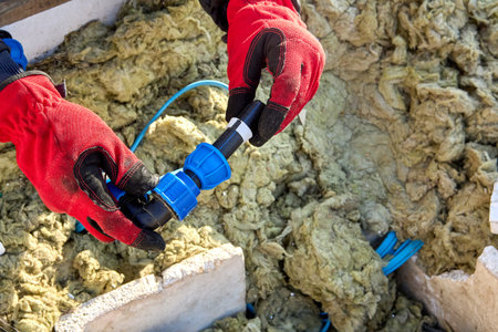 Compression ring of plastic fitting for HDPE pipes installed on end of pipe before tightening nut.