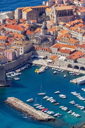 View of the old city of Dubrovnik from a viewpoint high above the seaの写真素材
