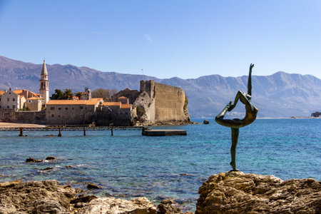 March 23, 2019 - Budva, Montenegro - The Ballet Dancer statue is an iconic attraction near Old Town Budvaのeditorial素材
