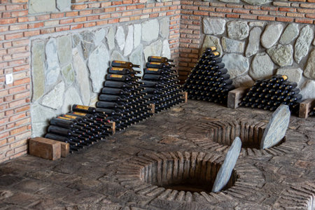 July 6, 2019 - Sekhnika Winery, Kakheti, Georgia - Traditional method of producing Georgian wine in...