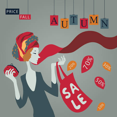 Girl with a red bag in a colorful scarf on the autumn sale.のイラスト素材